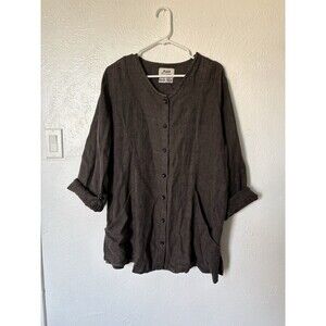 FLAX By Jeanne Engelhart Brown Button Front 100% Linen Cardigan Tunic Top Size M